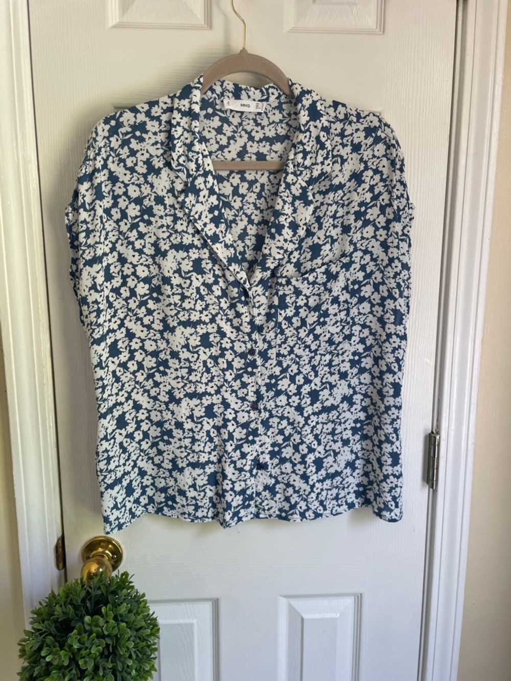 Mango Blue & White Boho Cottagecore Floral Button-Down Blouse